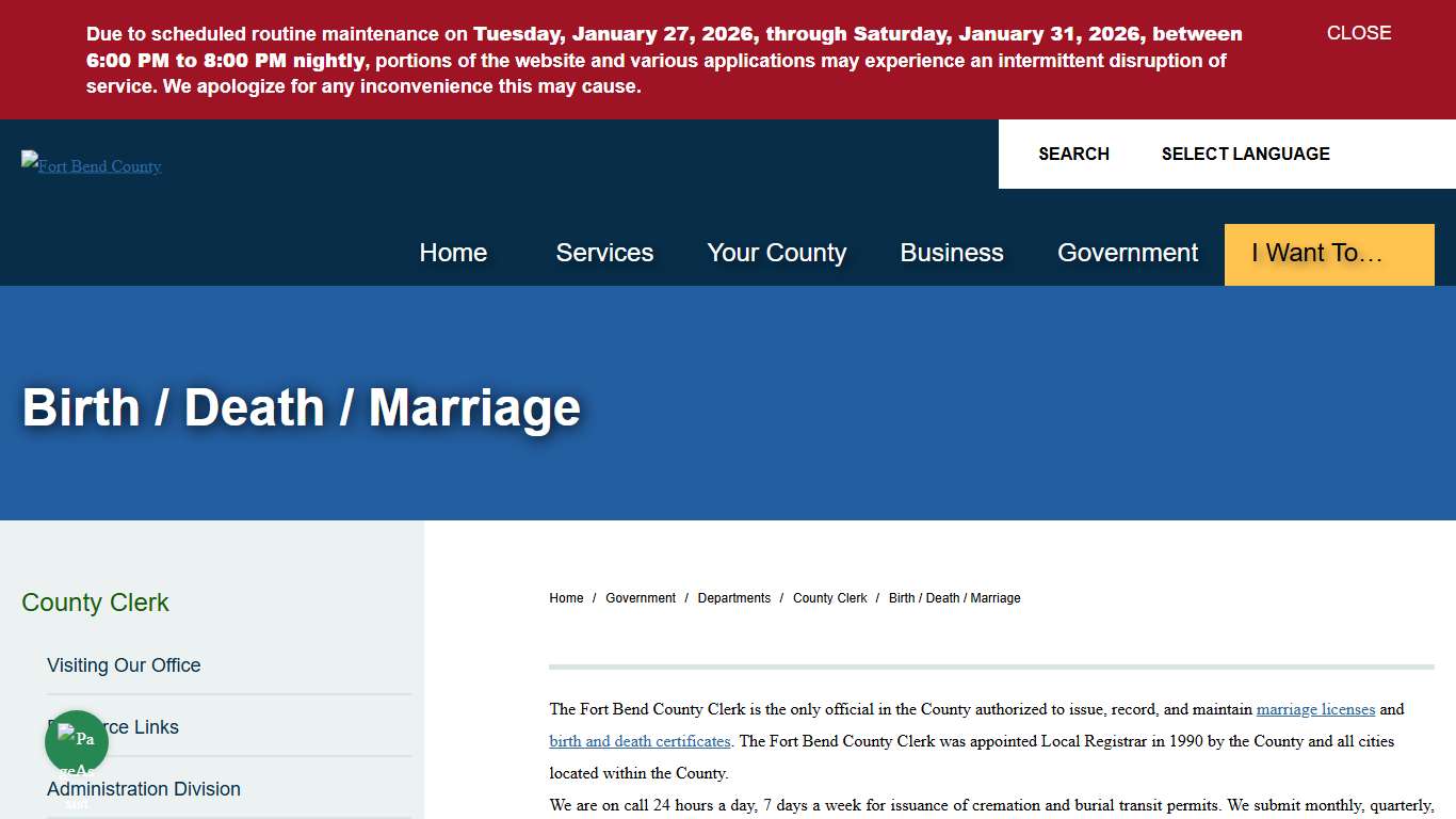 Birth / Death / Marriage Fort Bend County