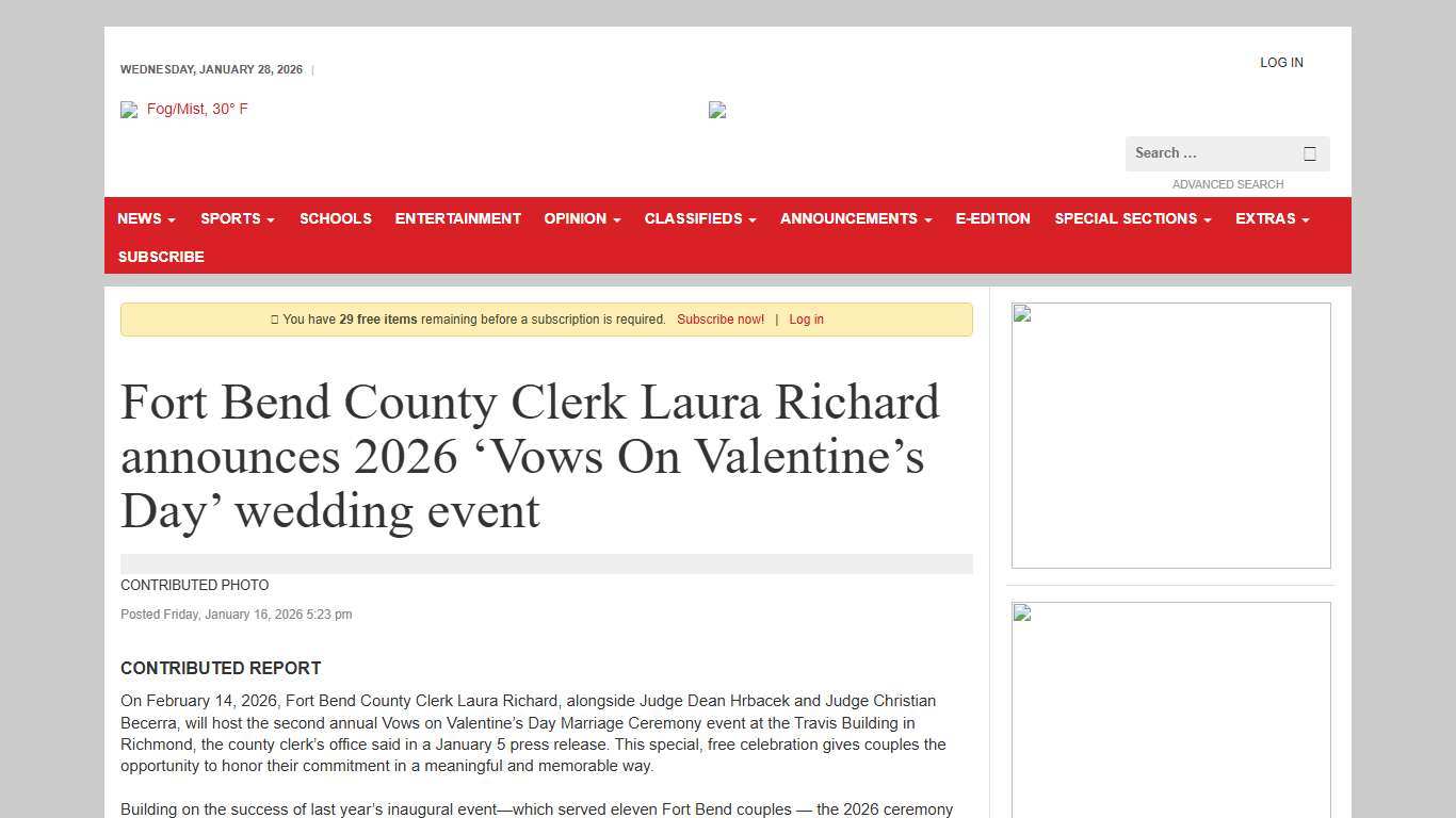 Fort Bend County Clerk Laura Richard announces 2026 ‘Vows On Valentine’s Day’ wedding event Katy Times